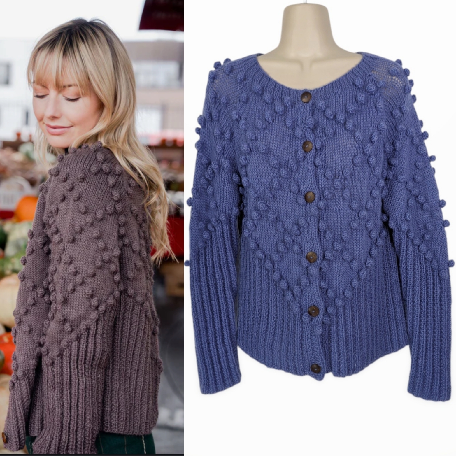 Chunky Bobble Knit Cardigan Sweater - Purple